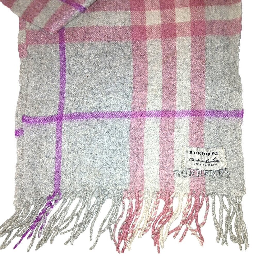 Burberry Vintage Gray Pink Purple Luxury Plaid Scarf Embroidered Logo - Picture 3 of 5